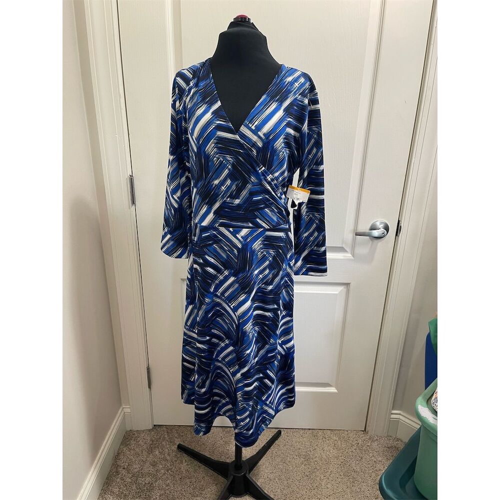Kasper Women's Faux Wrap Long Dress Blue Abstract V-Neck Size Small NWT sku150